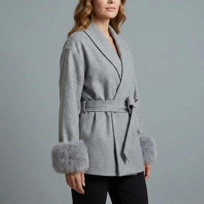 Women's Elegant Wool Coat with Faux Fur Cuffs and Belted Wrap Style – Meredith — variant_front