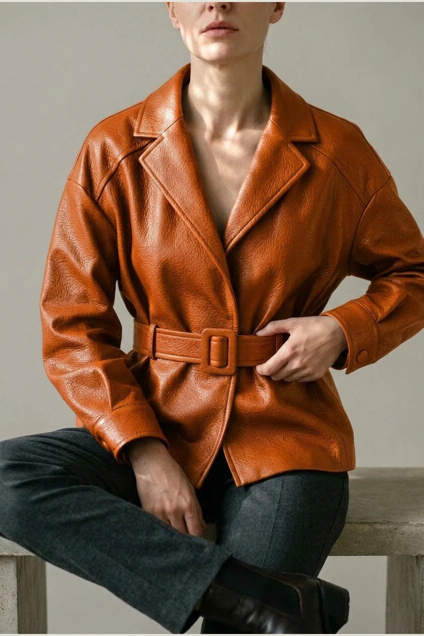 Belted Leather Jacket with Wide Collar and Cuffed Sleeves — variant_front