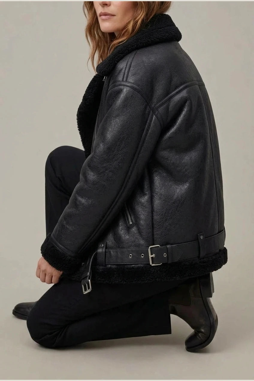 Women's Aviator Coat with Belted Shearling Trim – Aveline — variant_front