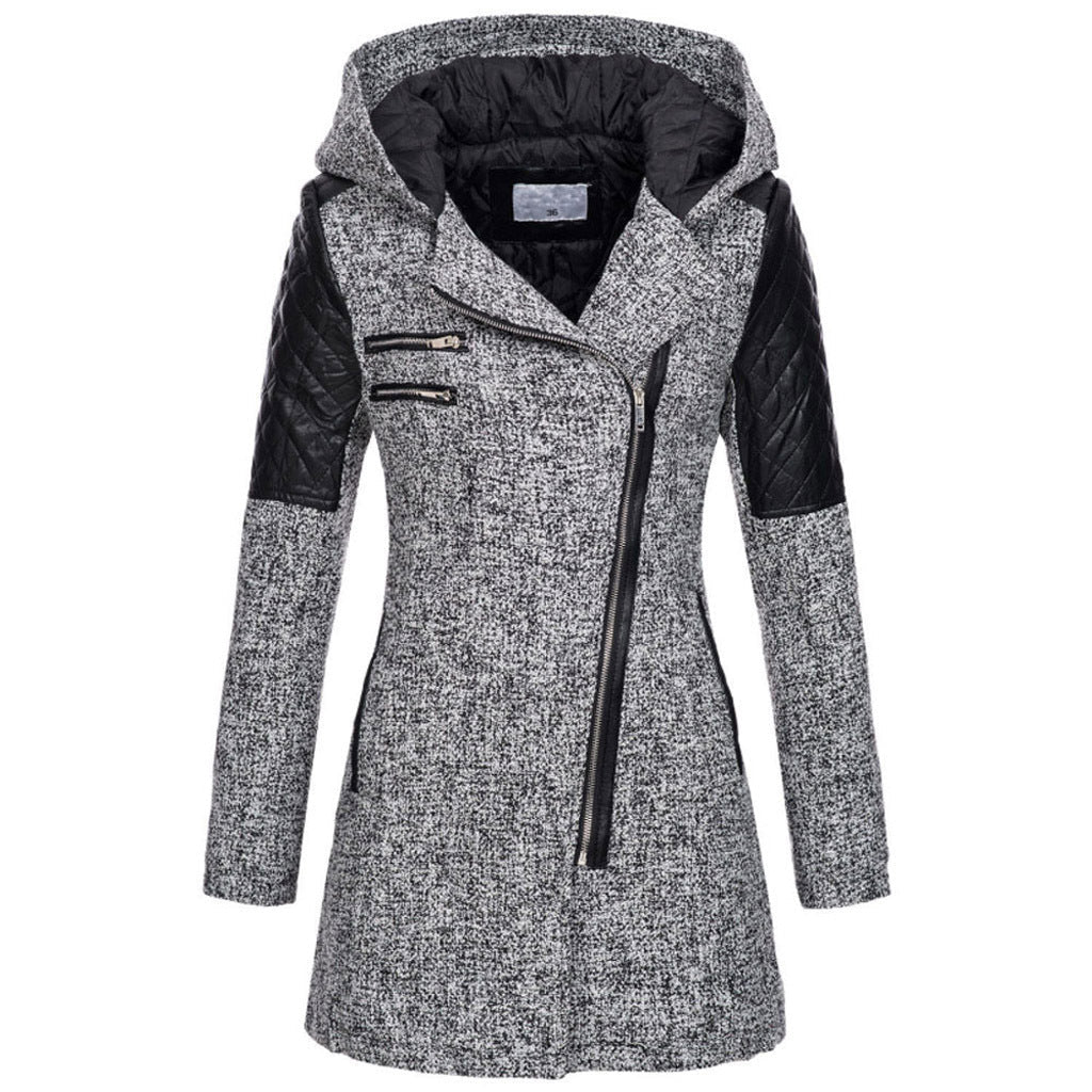 Fitted Hooded Winter Coat with Quilted Leather Shoulders — variant_front