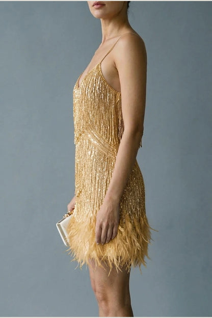 Sophie | Women's Sequin Fringe Feather Trim Cocktail Dress — variant_front