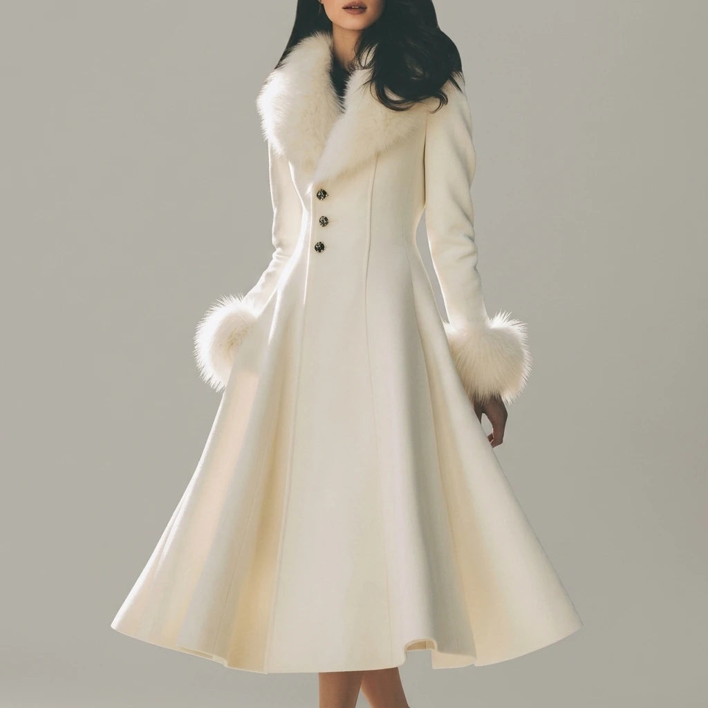 A-Line Flared Coat with Faux Fur Collar and Cuffs for Women — variant_front