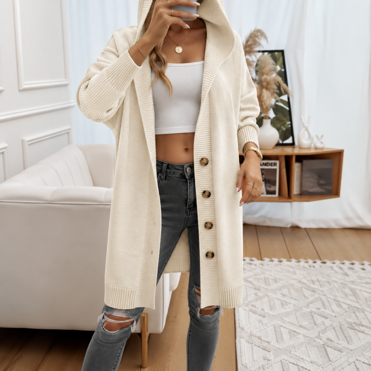 Relaxed Hooded Knit Cardigan with Button Front and Ribbed Cuffs — variant_front