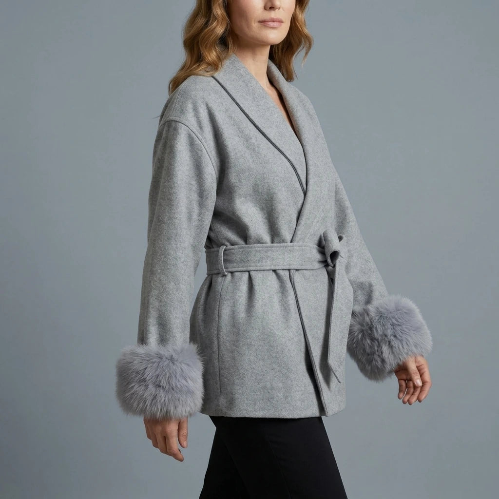 Women's Elegant Wool Coat with Faux Fur Cuffs and Belted Wrap Style – Meredith — variant_front