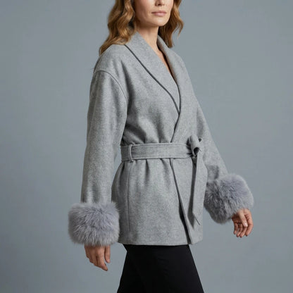 Women's Elegant Wool Coat with Faux Fur Cuffs and Belted Wrap Style – Meredith — variant_front