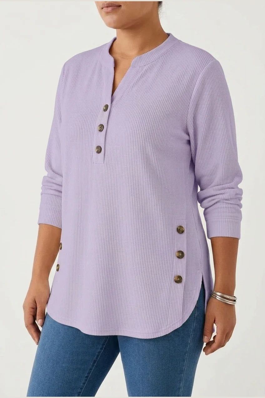 Plus Size, Plus-size Women's Spring/autumn Vertical Rib-textured Base Layer Top, Featuring a Loose Semi-open Neckline with Side-button Placket, Mid-length Curved Hem, European/American Style Long-sleeve Top That Covers the Hips and Slims the Figure. — variant_front