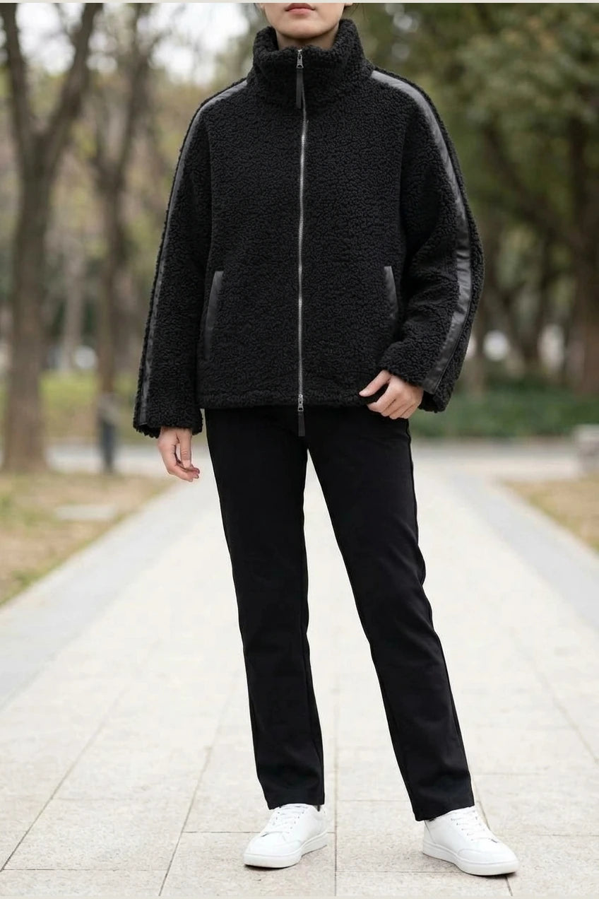 Teddy Zip Up Jacket with Stripe Detail for Women — variant_front