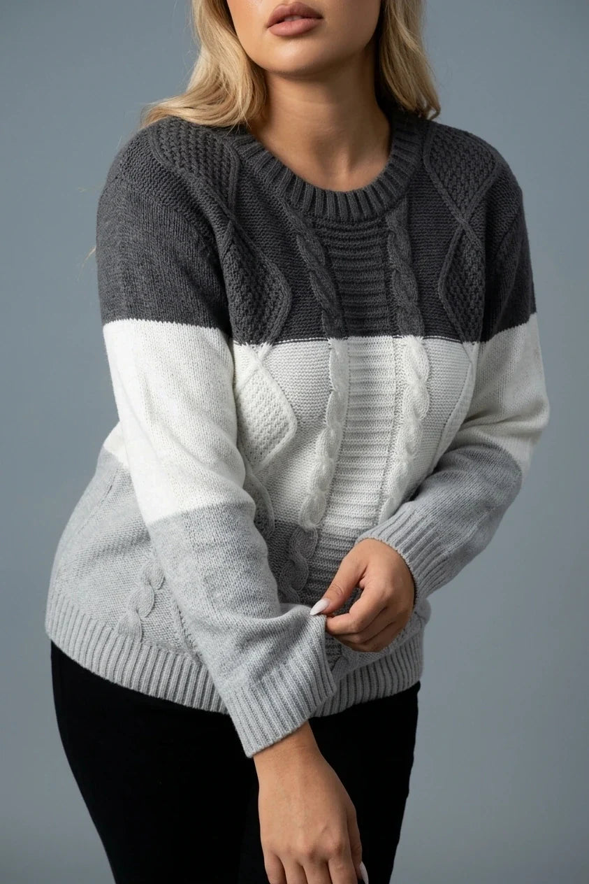 Plus Size, Plus Size Women's Autumn/Winter Casual Color Block Rhombus Pattern Pullover Sweater, Long Sleeve Crew Neck Cable Fabric Top — variant_front