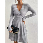 Ribbed Knit Wrap Front Mini Dress with V-Neckline and Long Sleeves — variant_front