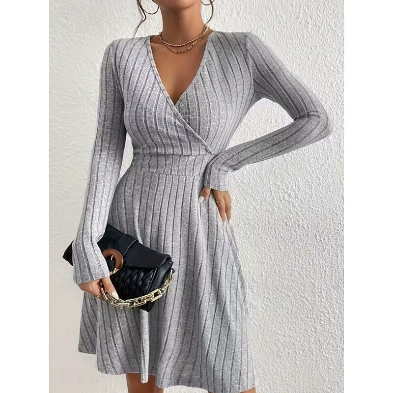 Ribbed Knit Wrap Front Mini Dress with V-Neckline and Long Sleeves — variant_front