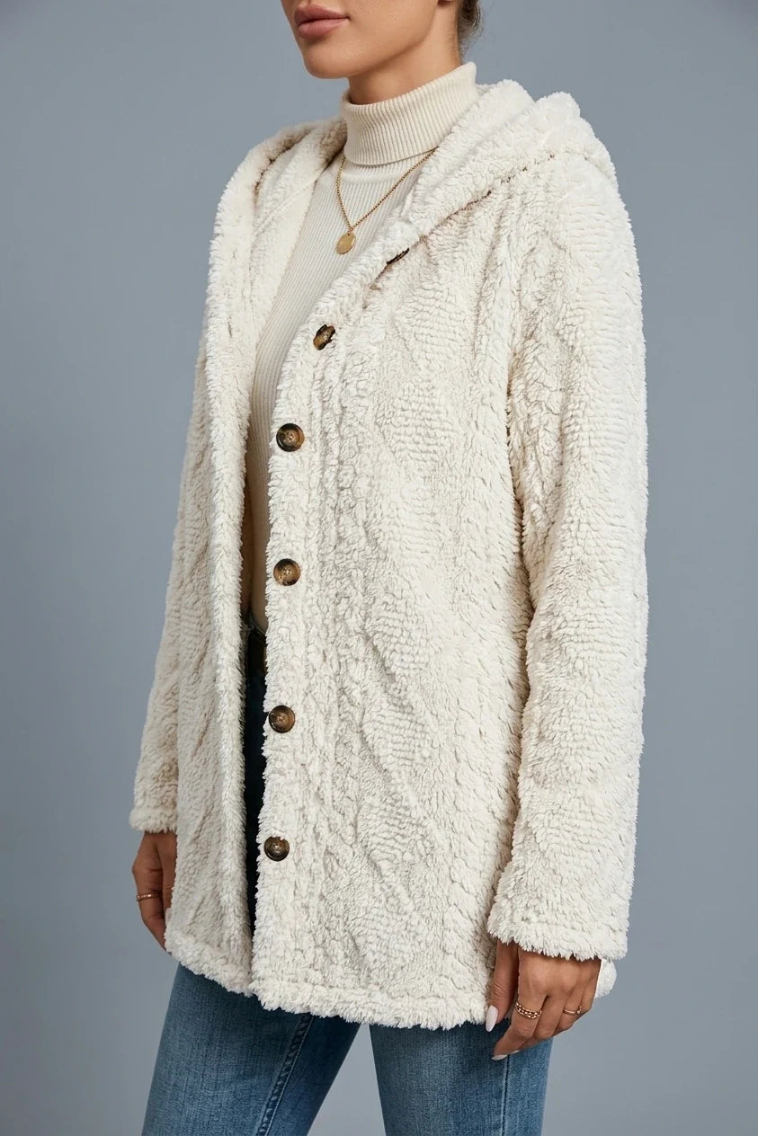 Women'S New Elegant Diamond Pattern Side Decorative Button Wool Teddy Bear Coat Hooded Jacket Warm Outerwear — variant_front