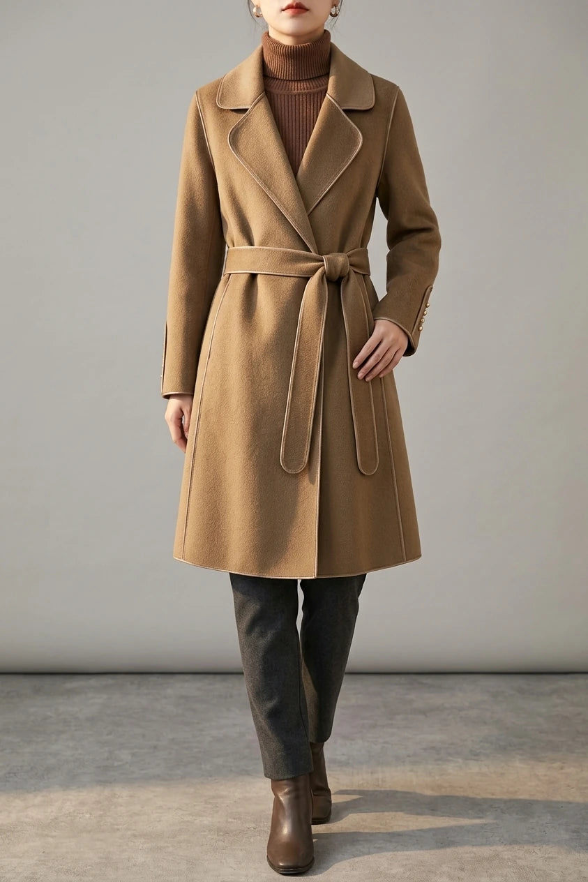Refined Wool Coat with Contrast Trim and Self-Tie Belt — variant_front