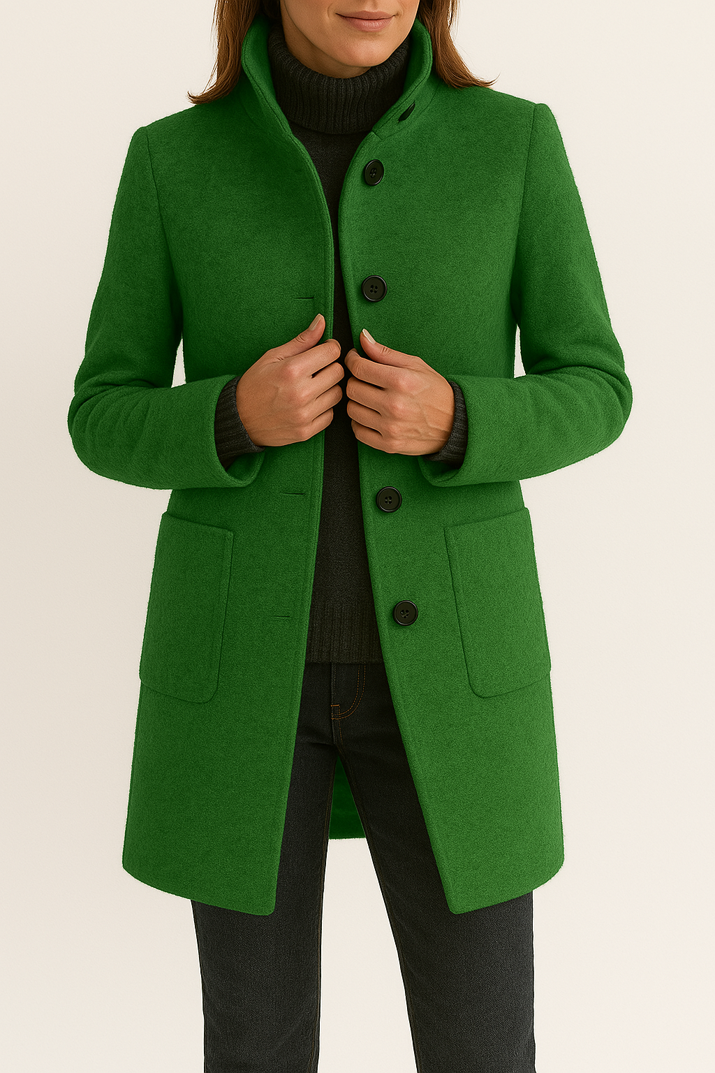 Tailored Wool Coat with High Neck and Patch Pockets — variant_front