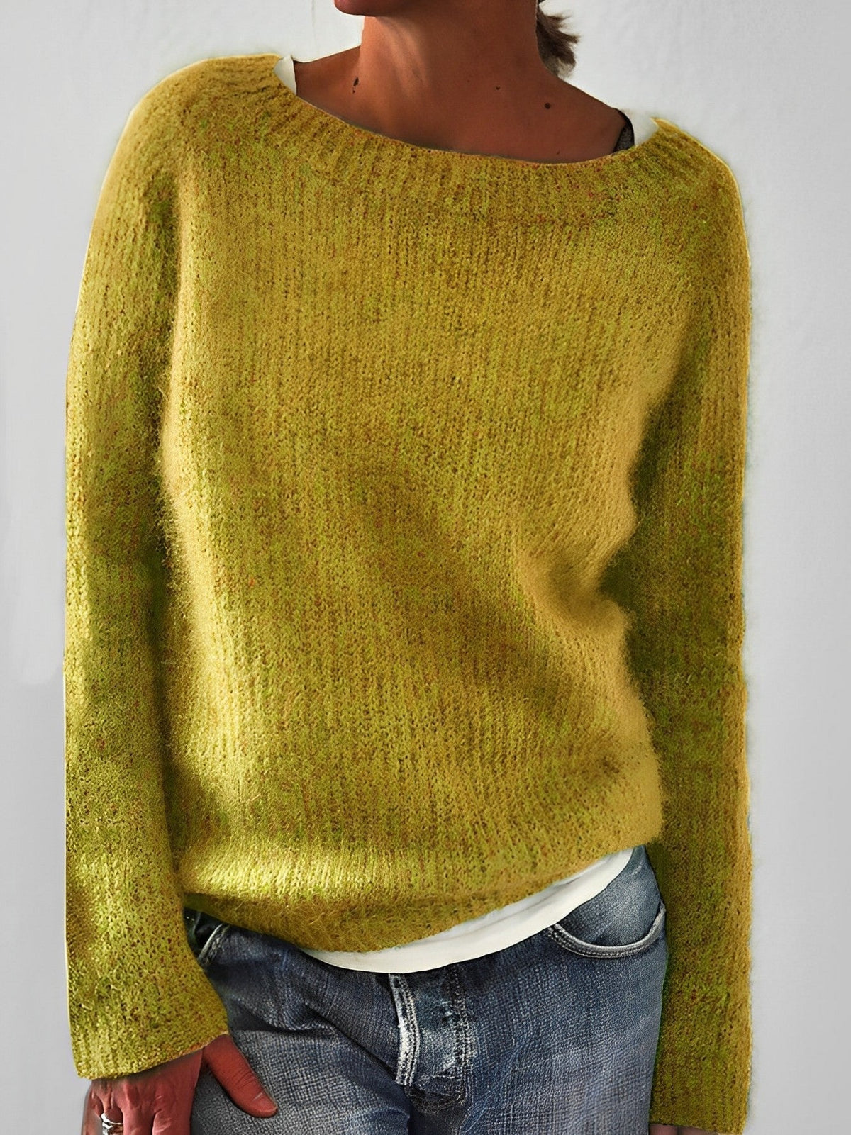 Fluffy Knit Sweater with Wide Round Neckline — variant_front