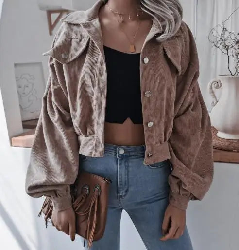 Retro Cropped Corduroy Jacket with Elasticated Hem and Chest Pockets — variant_front