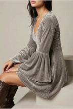 Mini Dress Women - Velvet Mini Dress with V-Neckline — variant_front