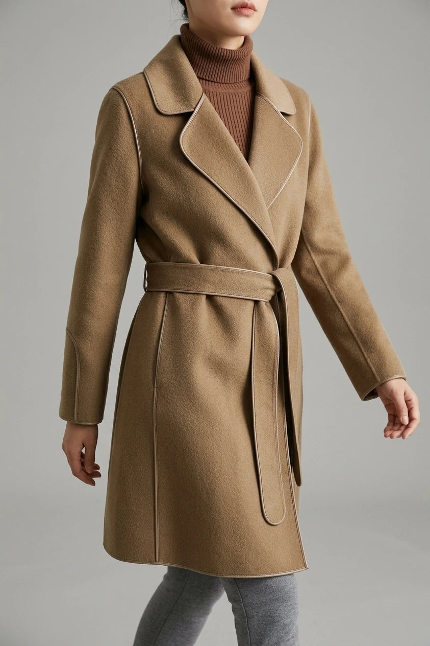 Refined Wool Coat with Contrast Trim and Self-Tie Belt — variant_front