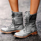 Leather Lace Up Combat Boots with Fold Down Cuff — variant_front