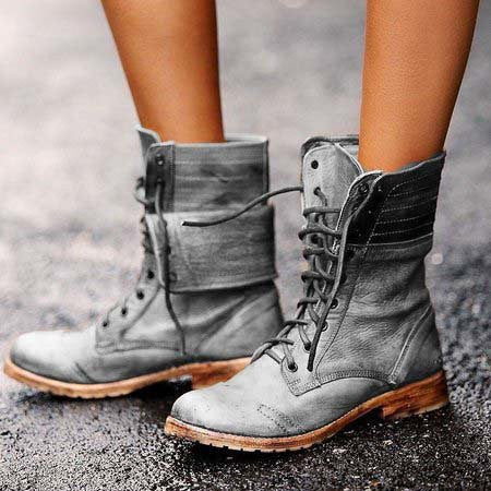 Leather Lace Up Combat Boots with Fold Down Cuff — variant_front