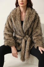 Women's Faux Fur Jacket with Shawl Collar and Tie Belt — variant_front