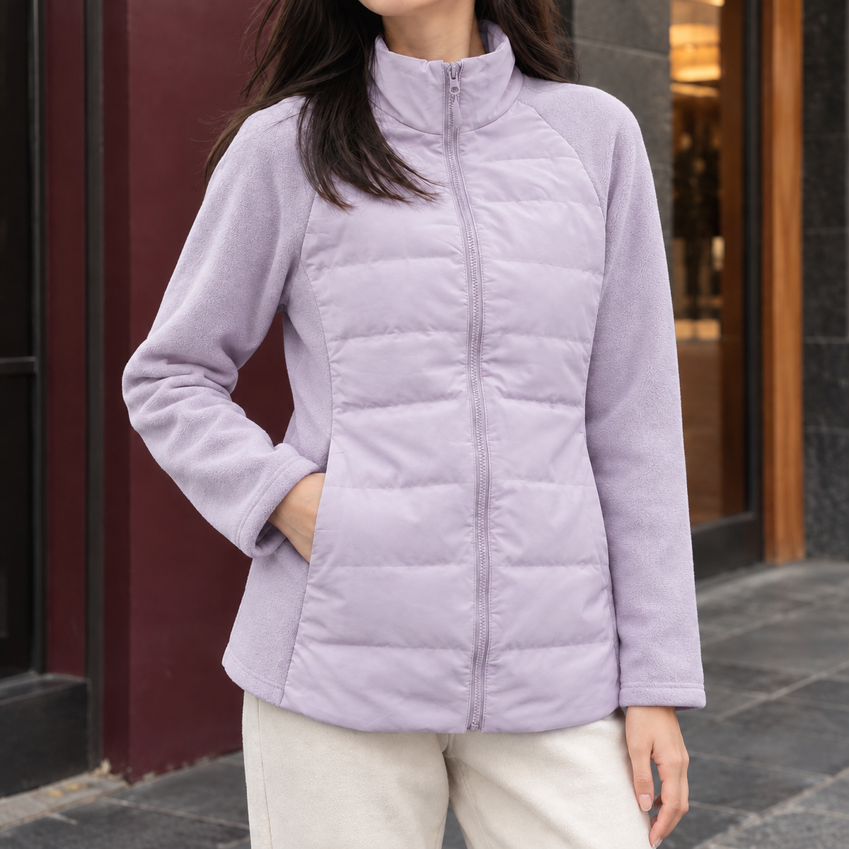 Lightweight Quilted Jacket with Fleece Sleeves and Stand Collar — variant_front