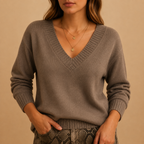 Soft Knit Sweater with Ribbed V-Neckline and Ribbed Cuffs — variant_front