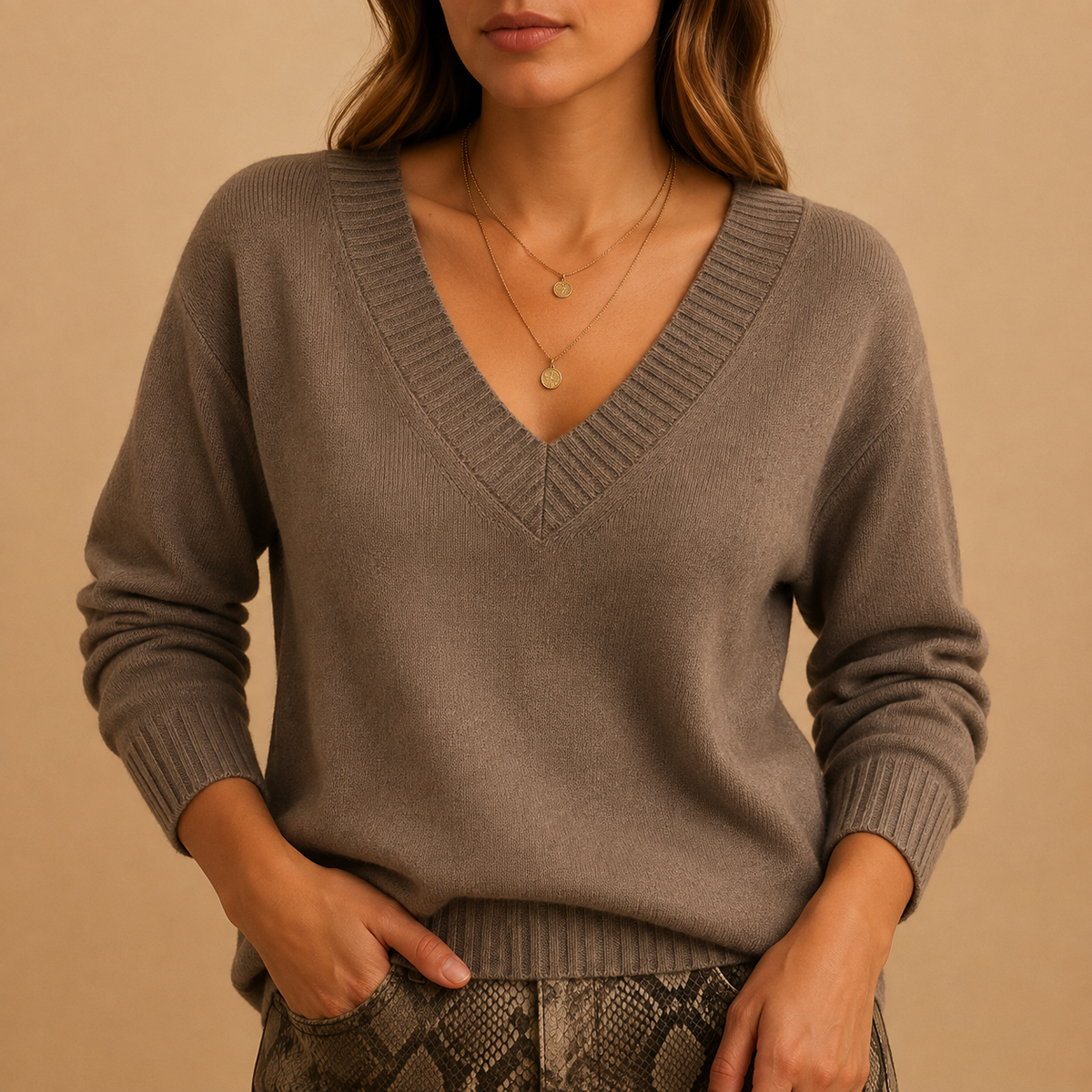 Soft Knit Sweater with Ribbed V-Neckline and Ribbed Cuffs — variant_front