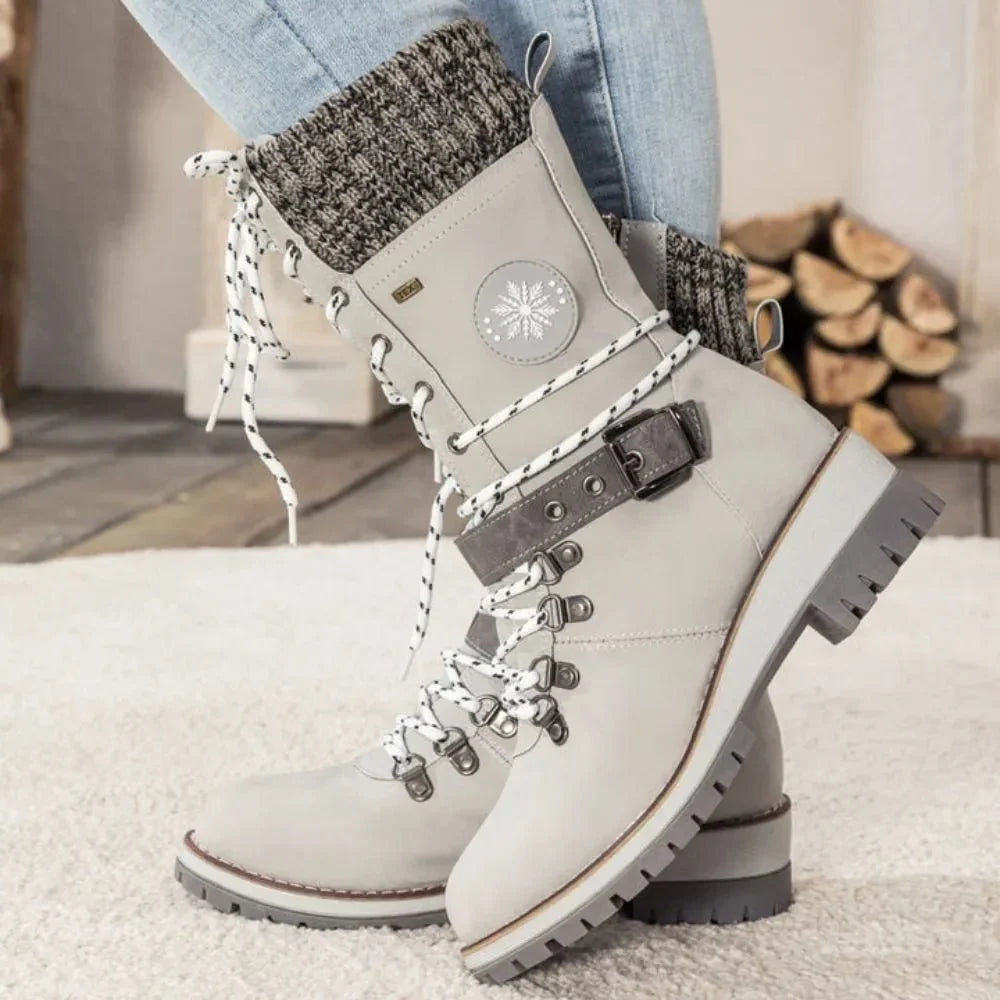 Insulated Lace Up Winter Boots with Knit Cuff and Buckle Detail — variant_front