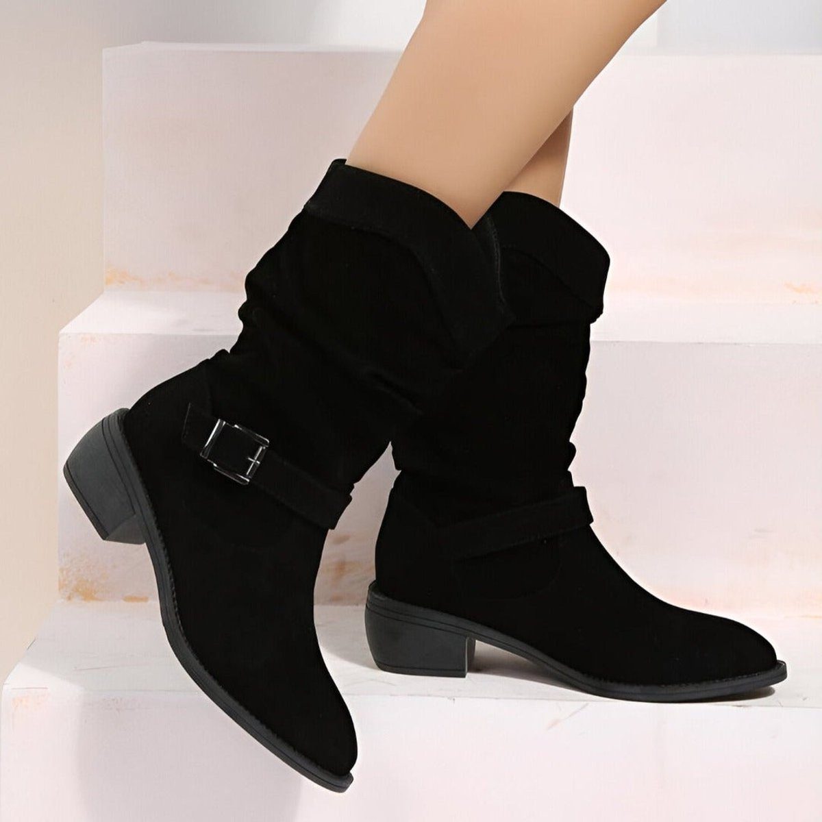 Slouchy Suede Mid-Calf Boots with Block Heel and Strap Detail — variant_front