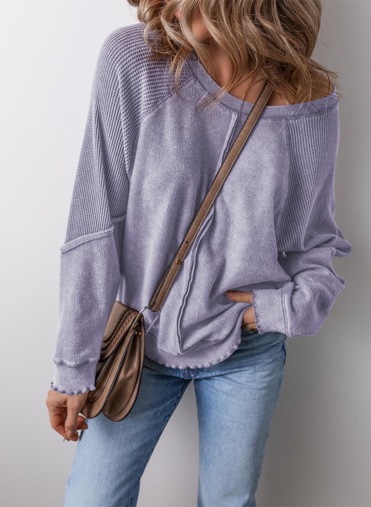 Relaxed Waffle Knit Sweatshirt with Lettuce Hem and Front Pocket — variant_front