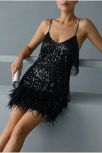 Sophie | Women's Sequin Fringe Feather Trim Cocktail Dress — variant_front