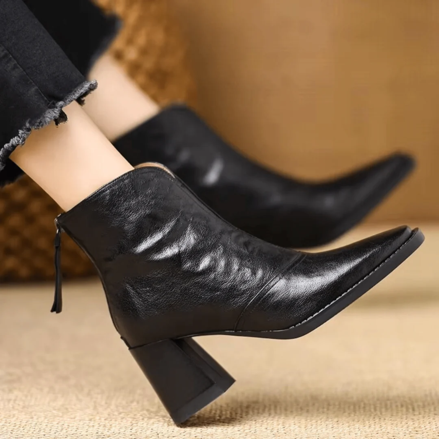 Heeled Leather Ankle Boots with Block Heel and V-Cut Front — variant_front