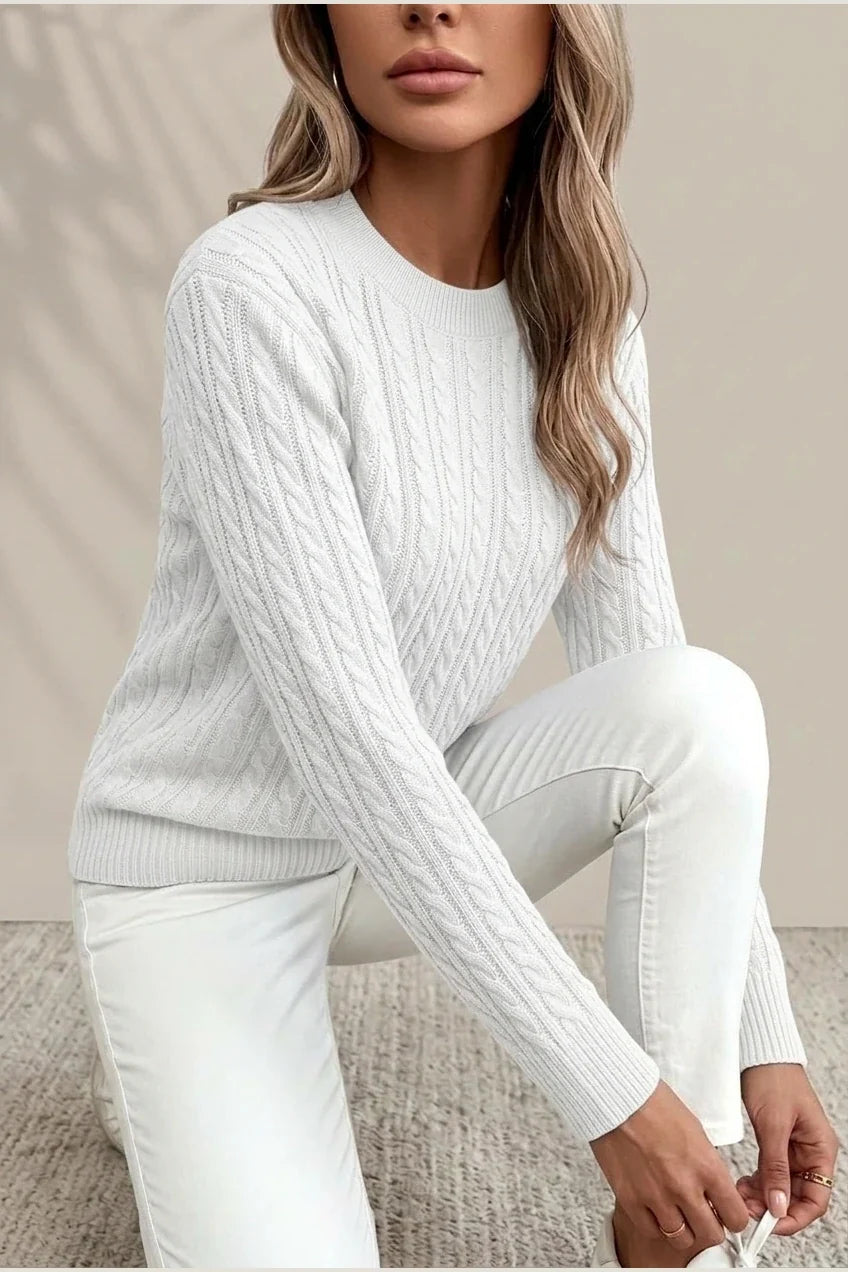 Women's Casual Loose-Fit Round Neck Long Sleeve Sweater - Medium Stretch Solid Color with Ribbed Detailing, H-Line Silhouette for Spring/Autumn Layering, Elegant Collection, Cute Sweater, Casual Attire, Comfortable Fit, Pullover Top, Stylish Women — variant_front