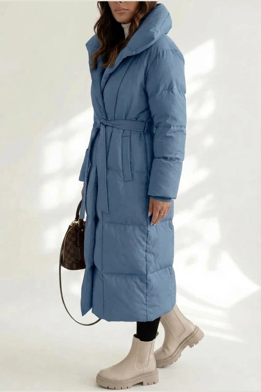 Women's Belted Long Puffer Coat with Silhouette Design – Ines — variant_front