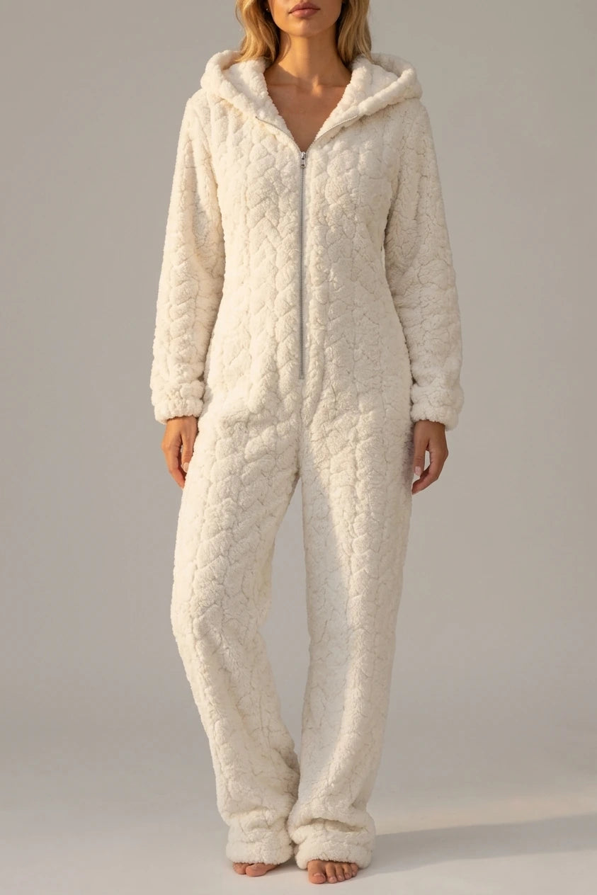 Women’s Hooded Teddy Fleece Jumpsuit – Full Zip Fluffy Lounge Onesie — variant_front