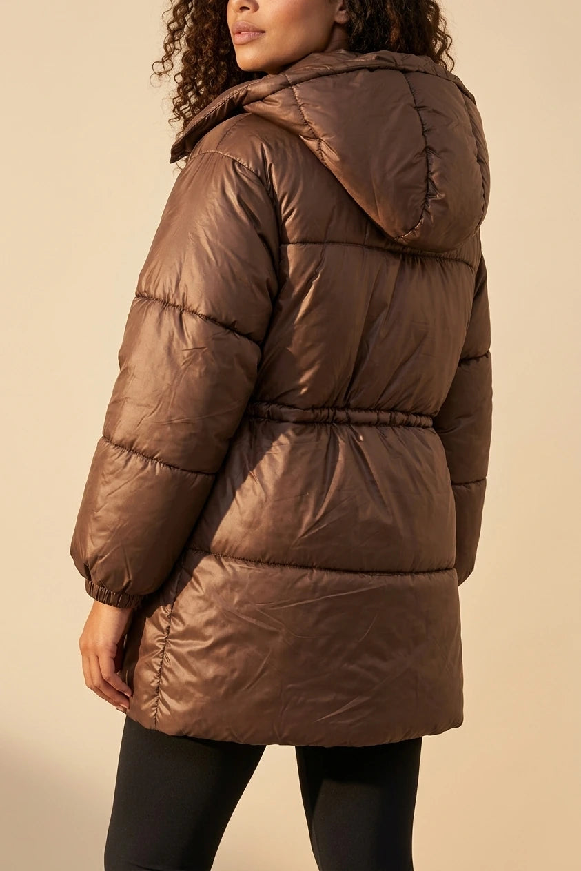 Women’s Longline Puffer Jacket – Hooded Quilted Coat with Drawstring Waist — variant_front