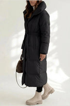 Women's Belted Long Puffer Coat with Silhouette Design – Ines — variant_front