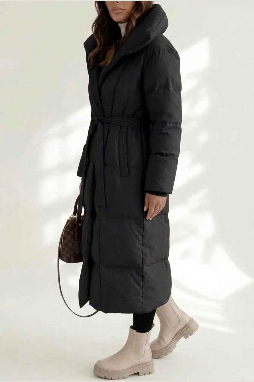 Women's Belted Long Puffer Coat with Silhouette Design – Ines — variant_front