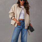 Oversized Leather Bomber Jacket with Ribbed Trim — variant_front