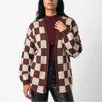Women’s Checkerboard Knit Cardigan – Relaxed Fit Casual Sweater Jacket — variant_front