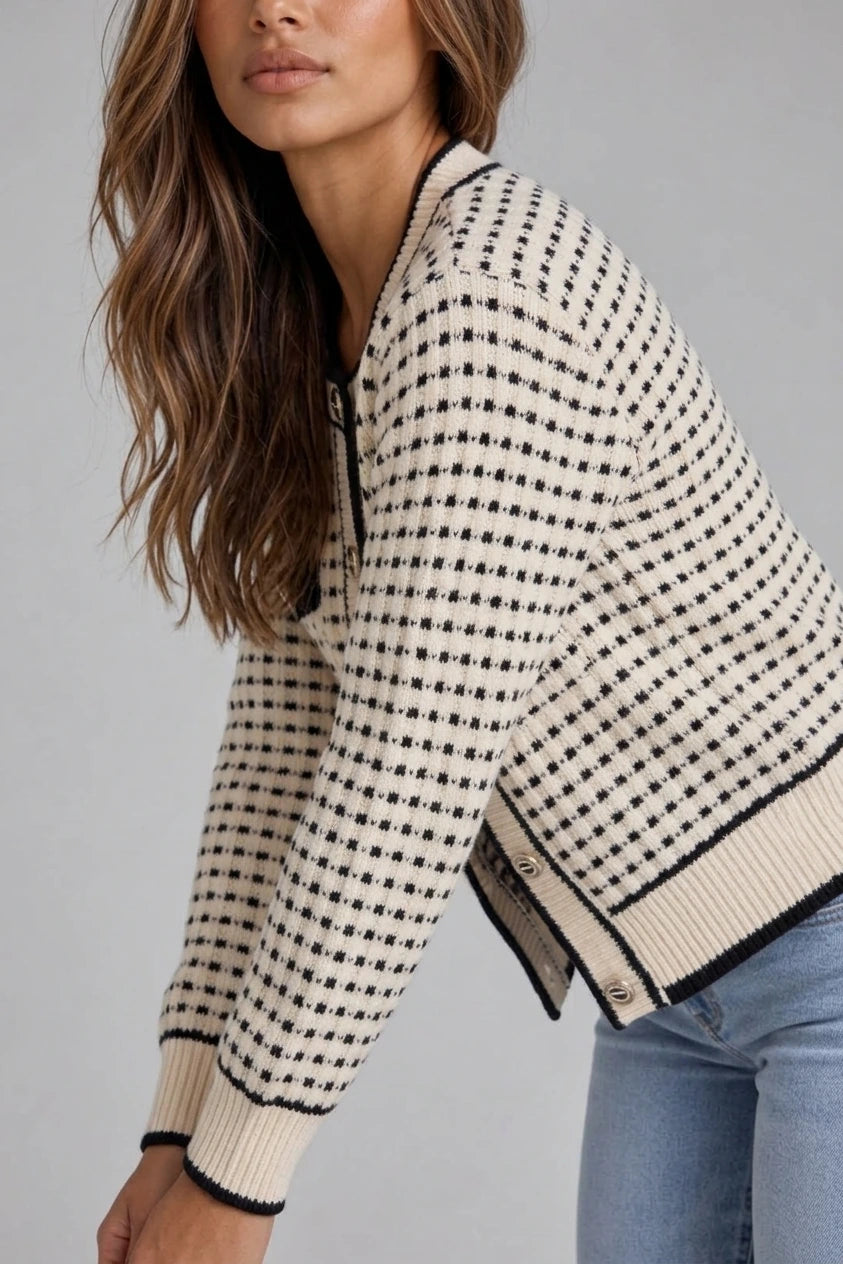 Women’s Textured Knit Cardigan – Button Front Contrast Trim Jumper — variant_front