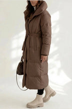 Women's Belted Long Puffer Coat with Silhouette Design – Ines — variant_front