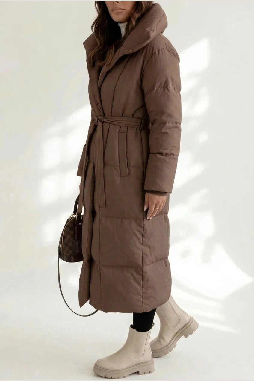 Women's Belted Long Puffer Coat with Silhouette Design – Ines — variant_front