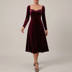 Velvet Autumn Wedding Guest A-Line Midi Dress with Long Sleeves for Women — velvet-autumn-wedding-guest-a-line-midi-dress-with-long-sleeves-for-women_lifestyle_urban_walk_03.webp