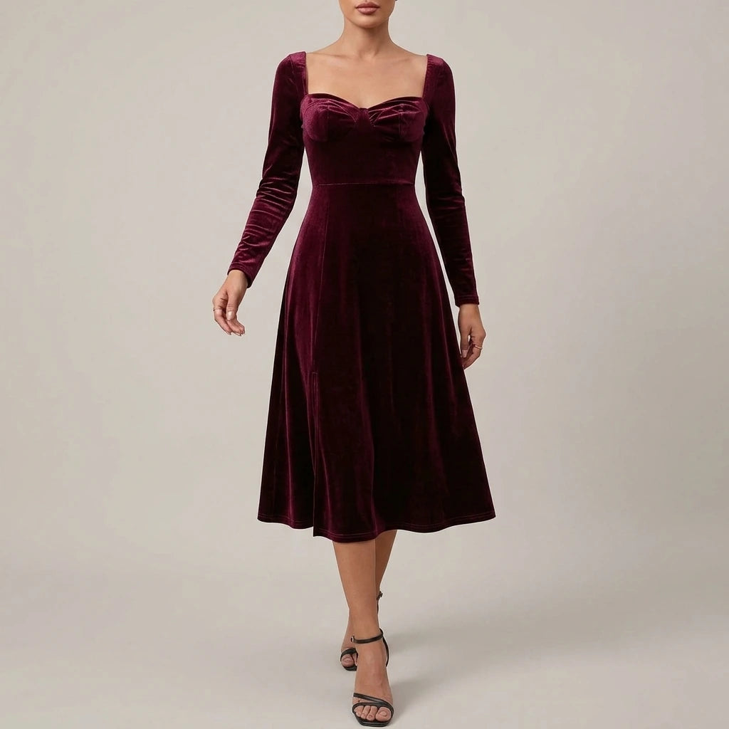 Velvet Autumn Wedding Guest A-Line Midi Dress with Long Sleeves for Women — velvet-autumn-wedding-guest-a-line-midi-dress-with-long-sleeves-for-women_lifestyle_urban_walk_03.webp