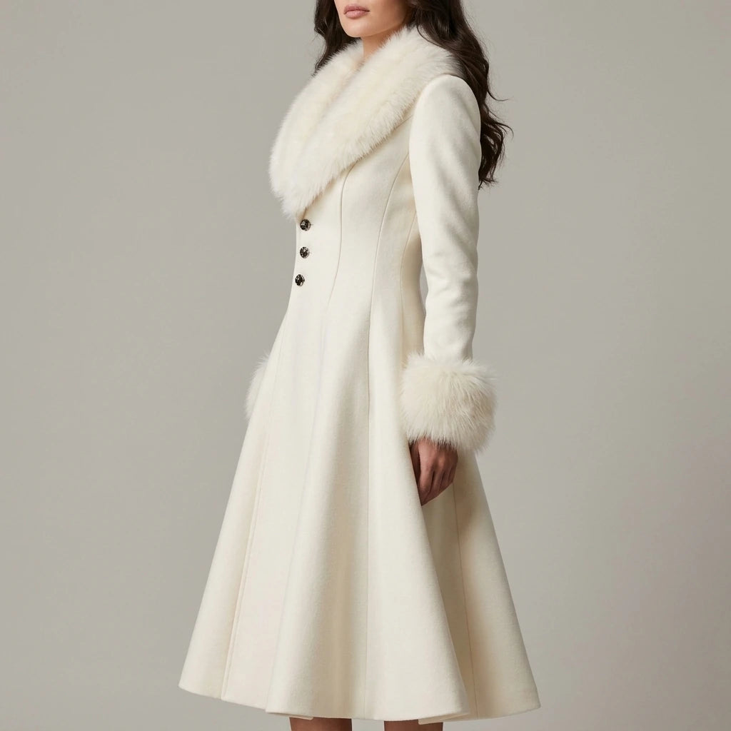 A-Line Flared Coat with Faux Fur Collar and Cuffs for Women — variant_front