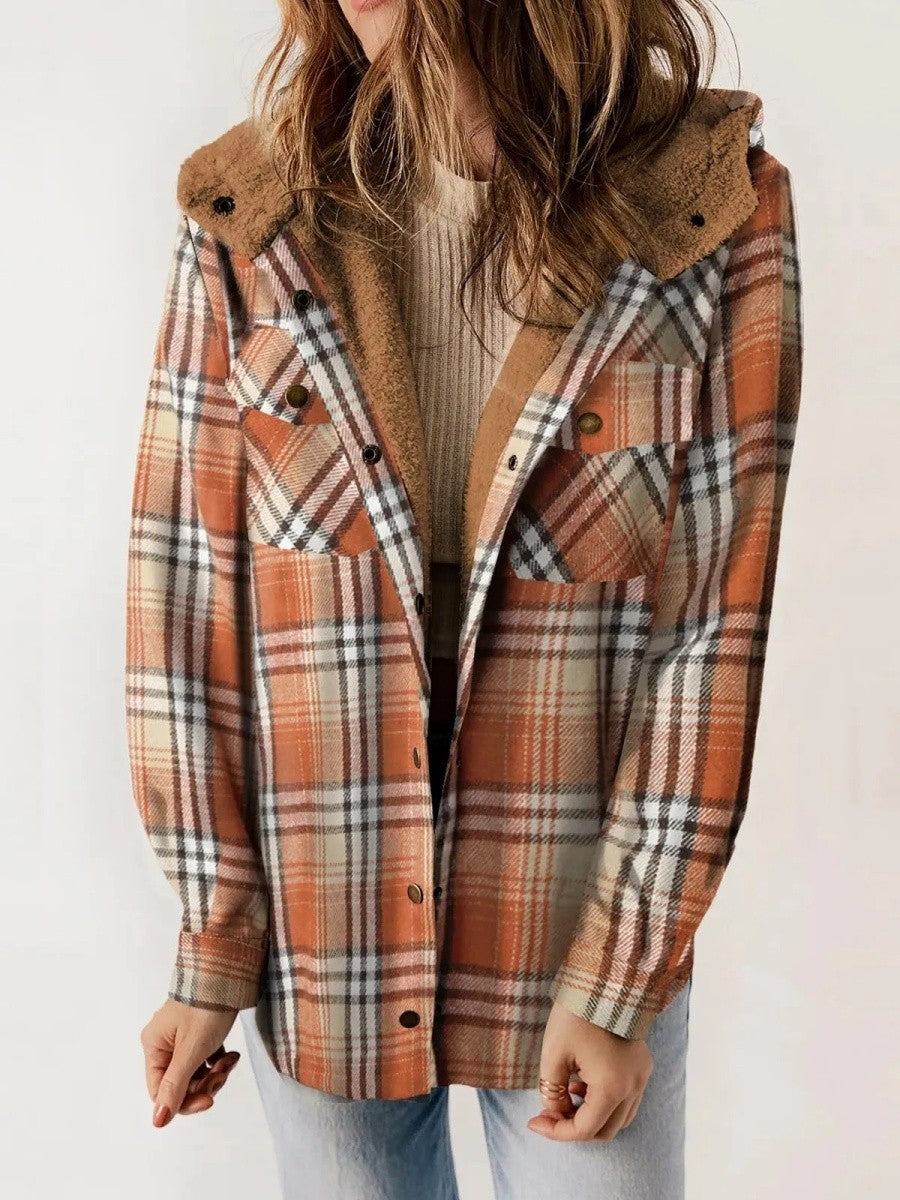 Relaxed Fit Check Flannel Shacket with Sherpa Lined Hood — variant_front