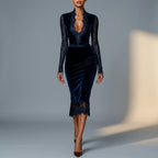 Velvet Slim Fit Midi Dress with V-Neck and Long Lace Sleeves for Women — variant_front