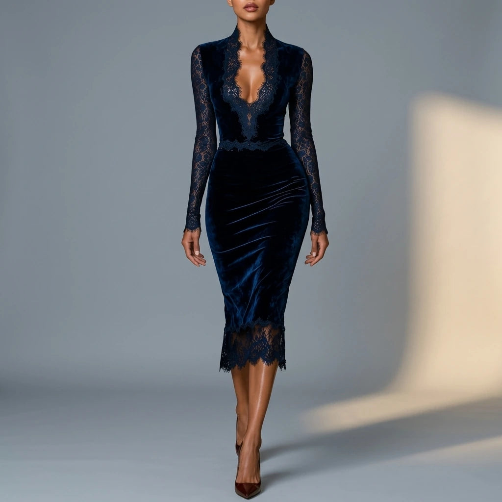 Velvet Slim Fit Midi Dress with V-Neck and Long Lace Sleeves for Women — variant_front