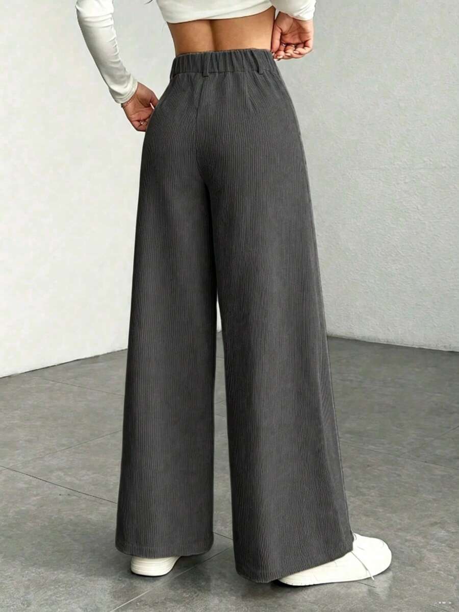 High Waist Wide Leg Corduroy Trousers with Flap Pockets — variant_front